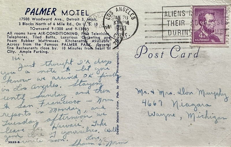 Palmer Motel - Vintage Postcard Back
